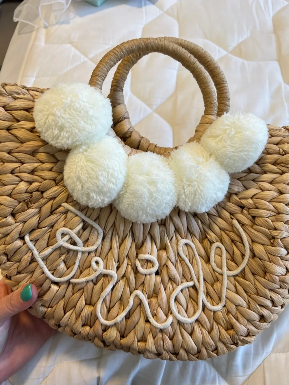 Woven Straw Tote with Cream Pom-Pom Accents - Picture 3 of 4